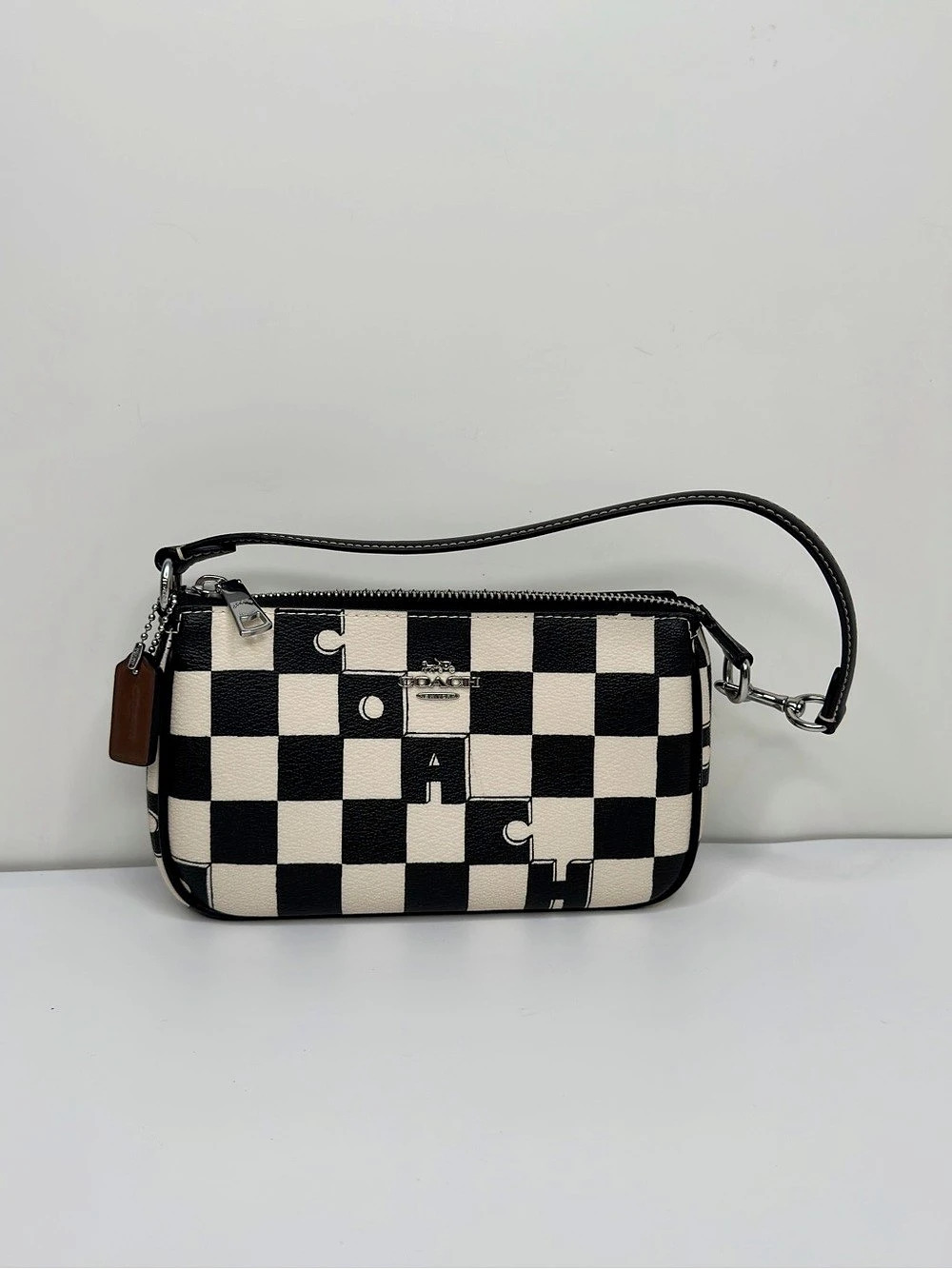 Coach Checkerboard Black White Leather Zip Wristlet Bag